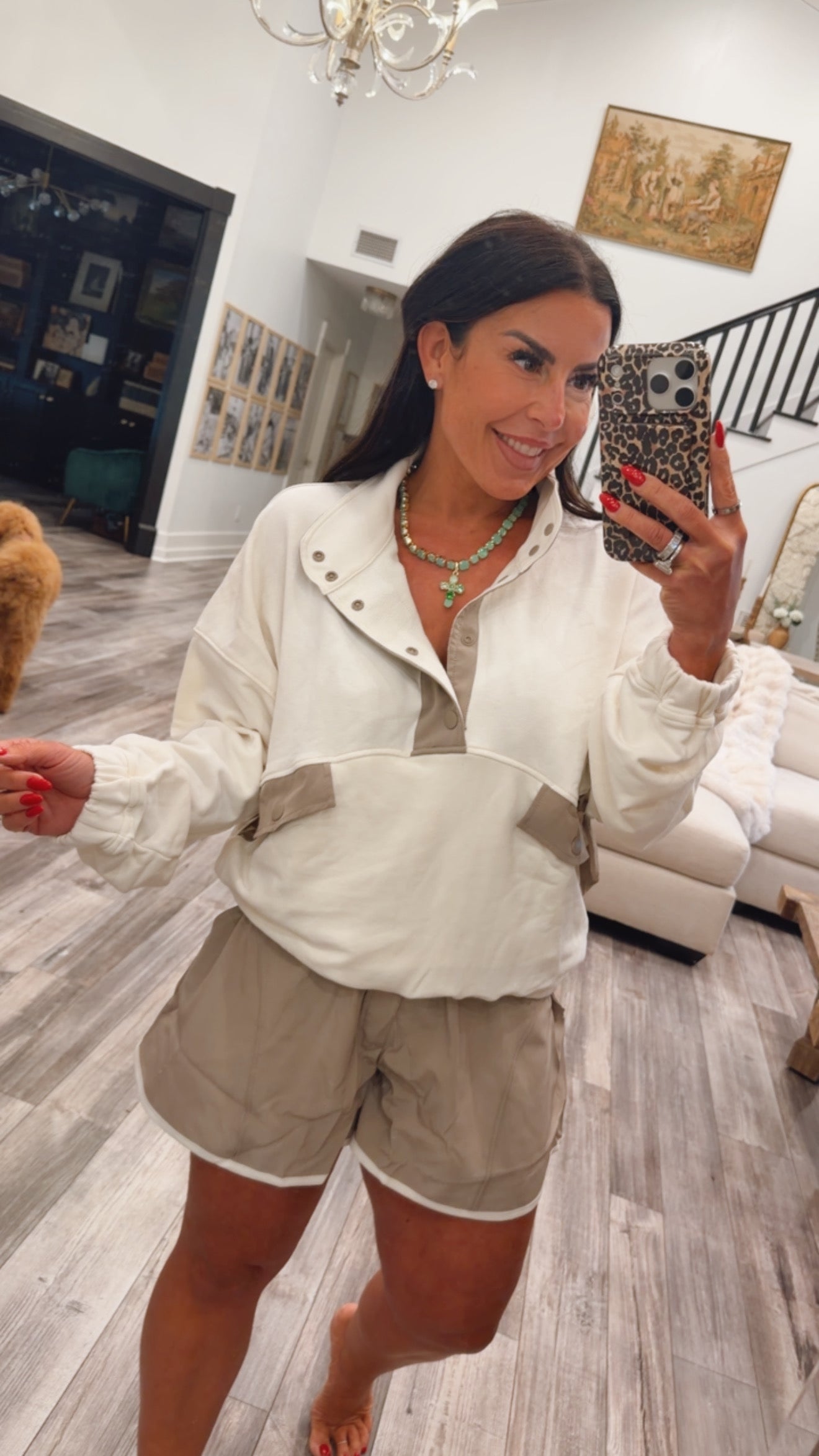 Cream and Brown Jacket and Athletic Shorts Set Rae Mode