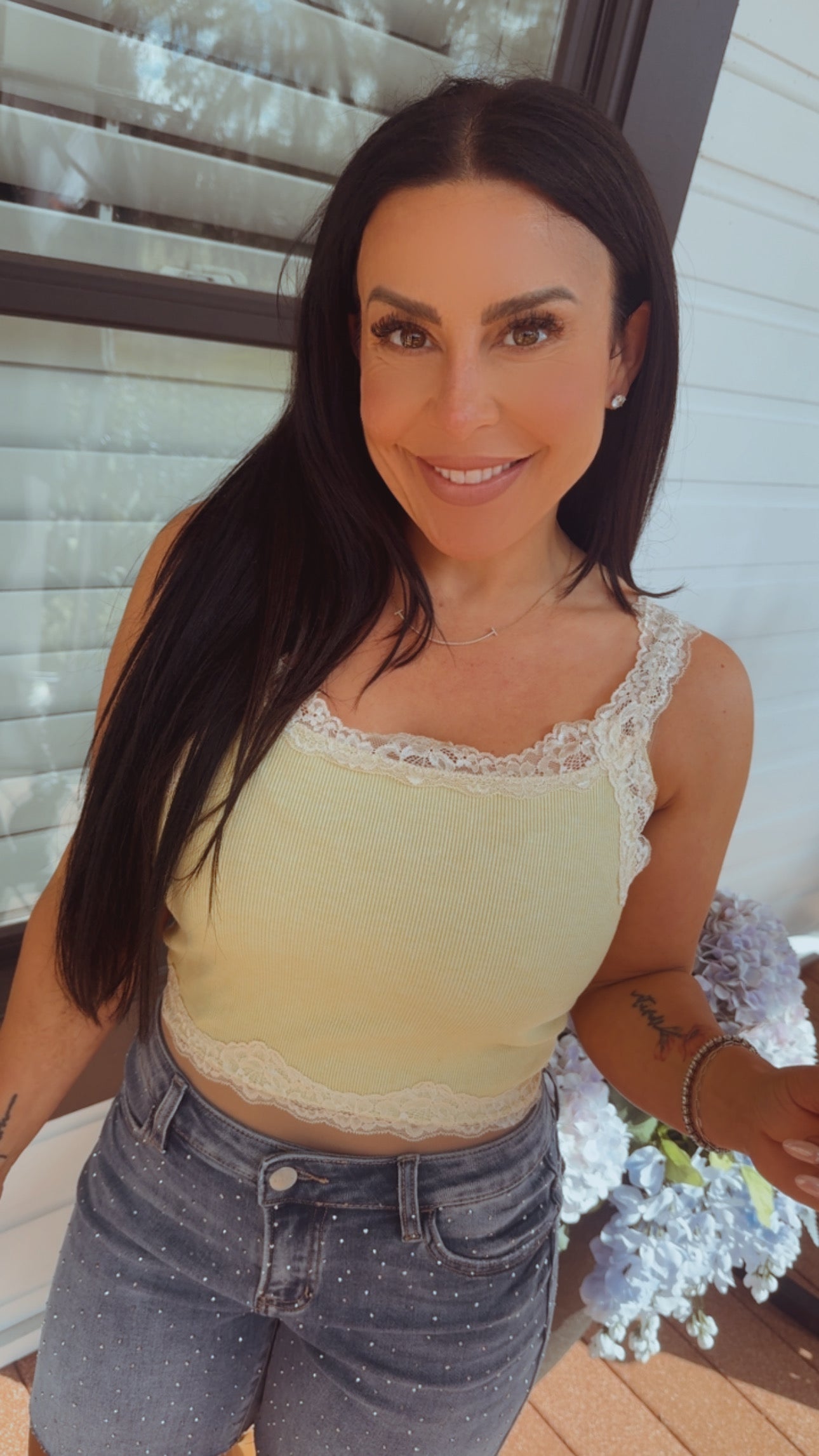 Sassy Yellow and Whit Lace Trim Crop Tank
