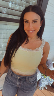 Sassy Yellow and Whit Lace Trim Crop Tank