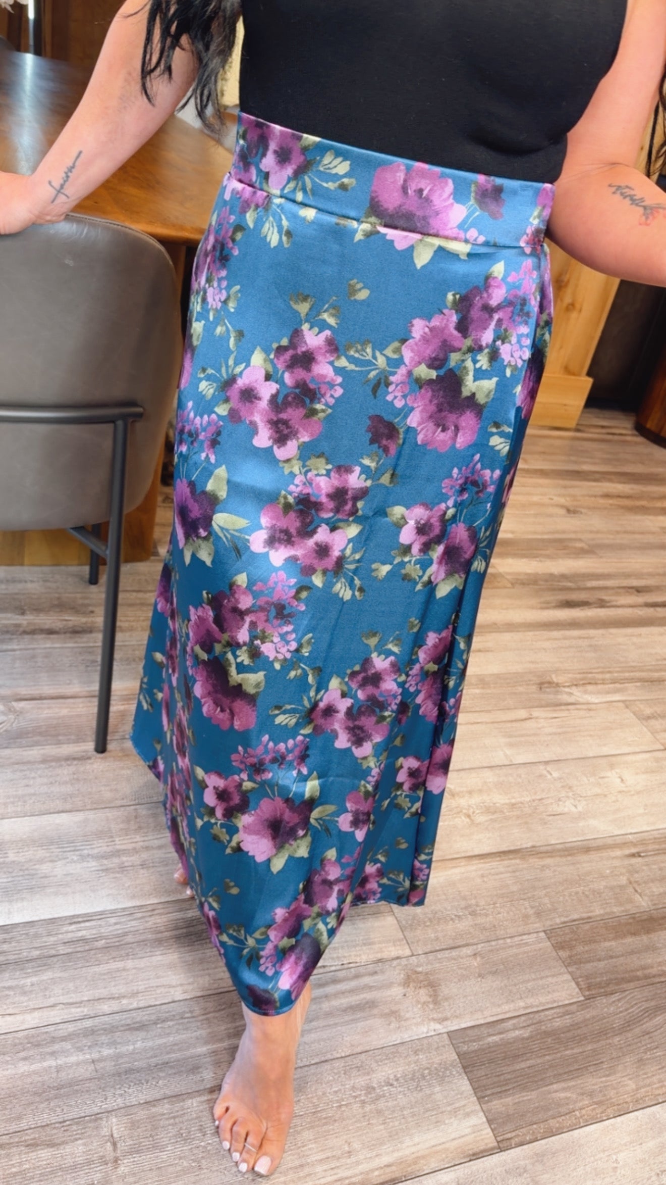Blue and Purple Floral Satin Skirt