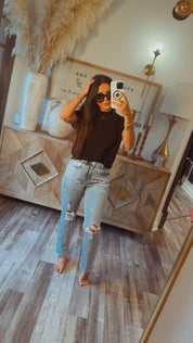 Cap Sleeve High Neck Chic Top Black