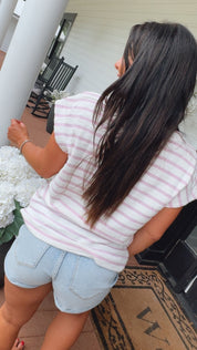 Soft Knit White With Pink Stripe Cap Sleeve Top