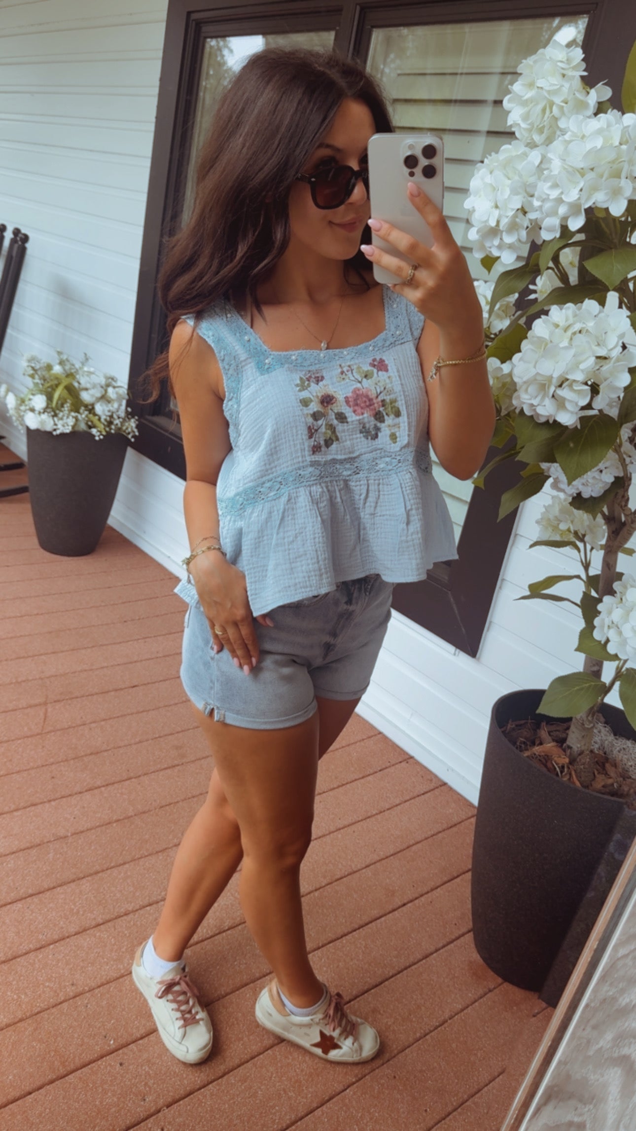 Pol Light Blue Linen Lace and Pearl Trim Tank