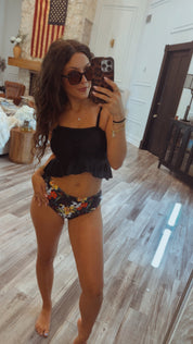 Black and Multicolor Floral  2 Piece Bathing Suit