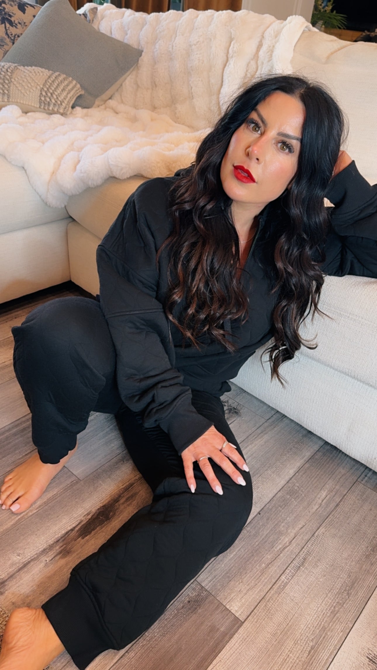 Black Quilted 1/4 Zip Hoodie Jacket