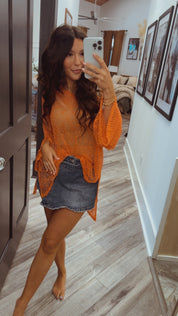 Chic Orange Knit Long Sleeve Cover Up Top