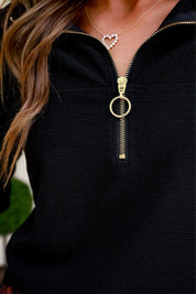 Levi Ribbed Quarter Zip Pullover- Black