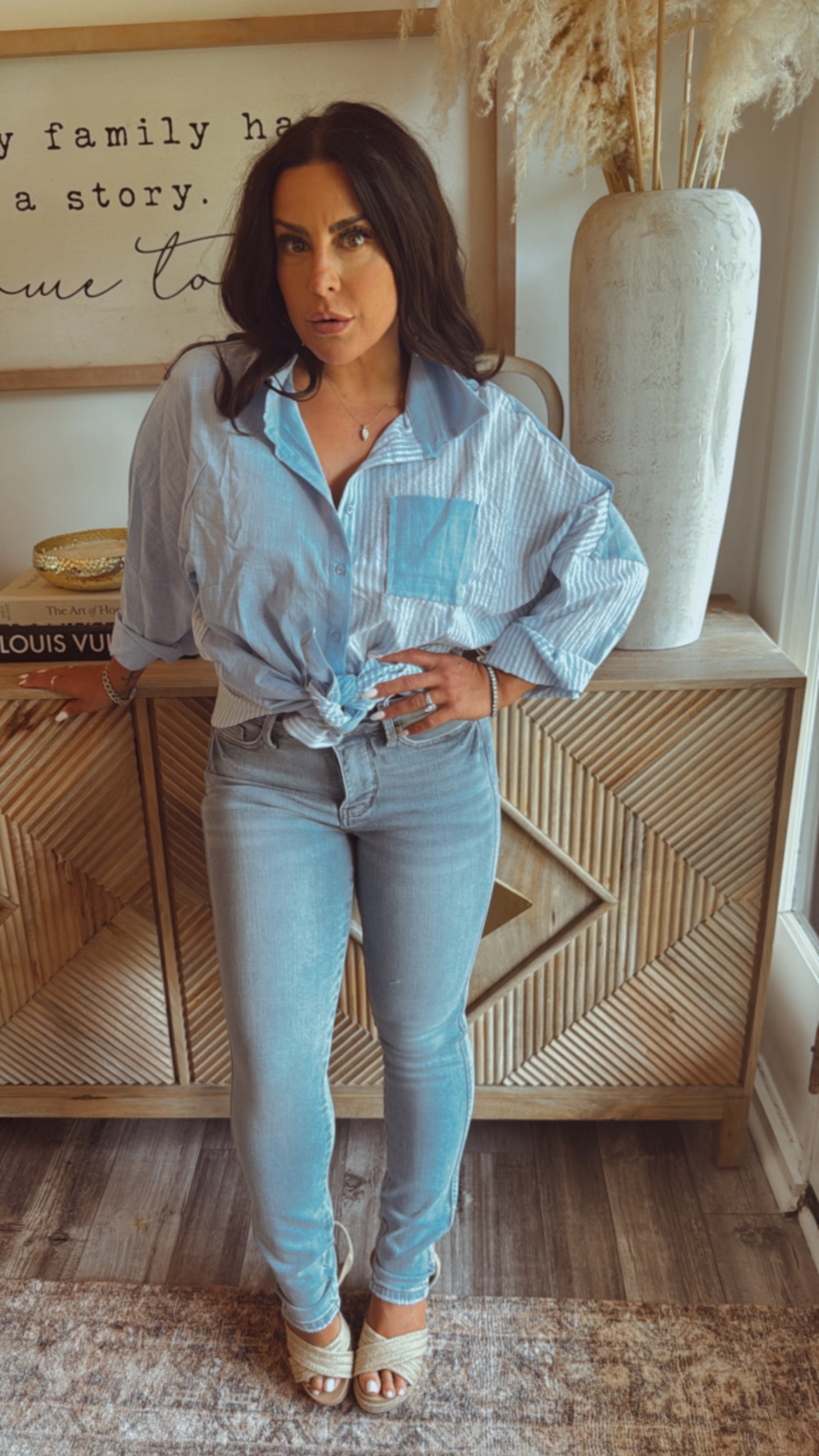 Lightweight Blue and White Stripe Button Up Long Sleeve Top