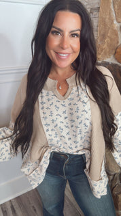 Taupe and Brown Floral Waffle Knit POL Sweater