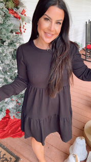 Chic Black Ribbed Long Sleeve Dress