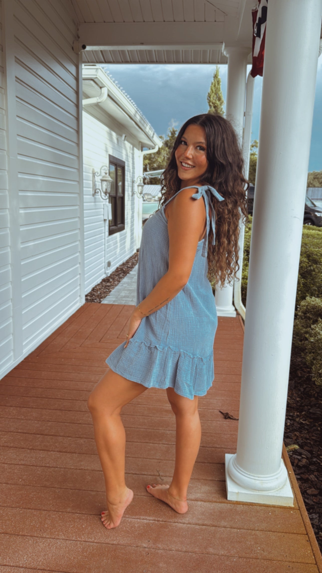 Textured Light Blue Tie Strap Dress