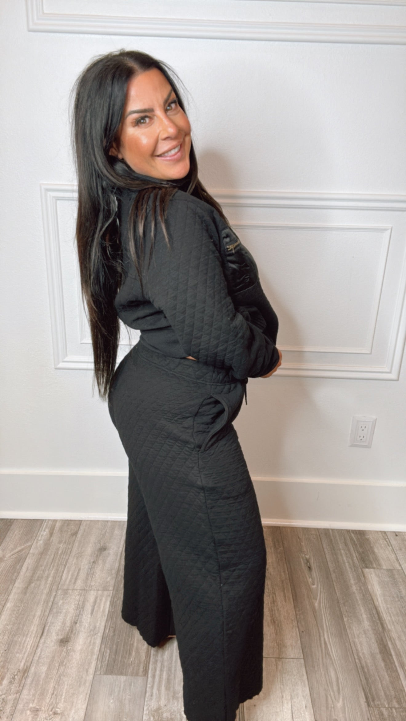 Black Quilted Wide Leg Joggers