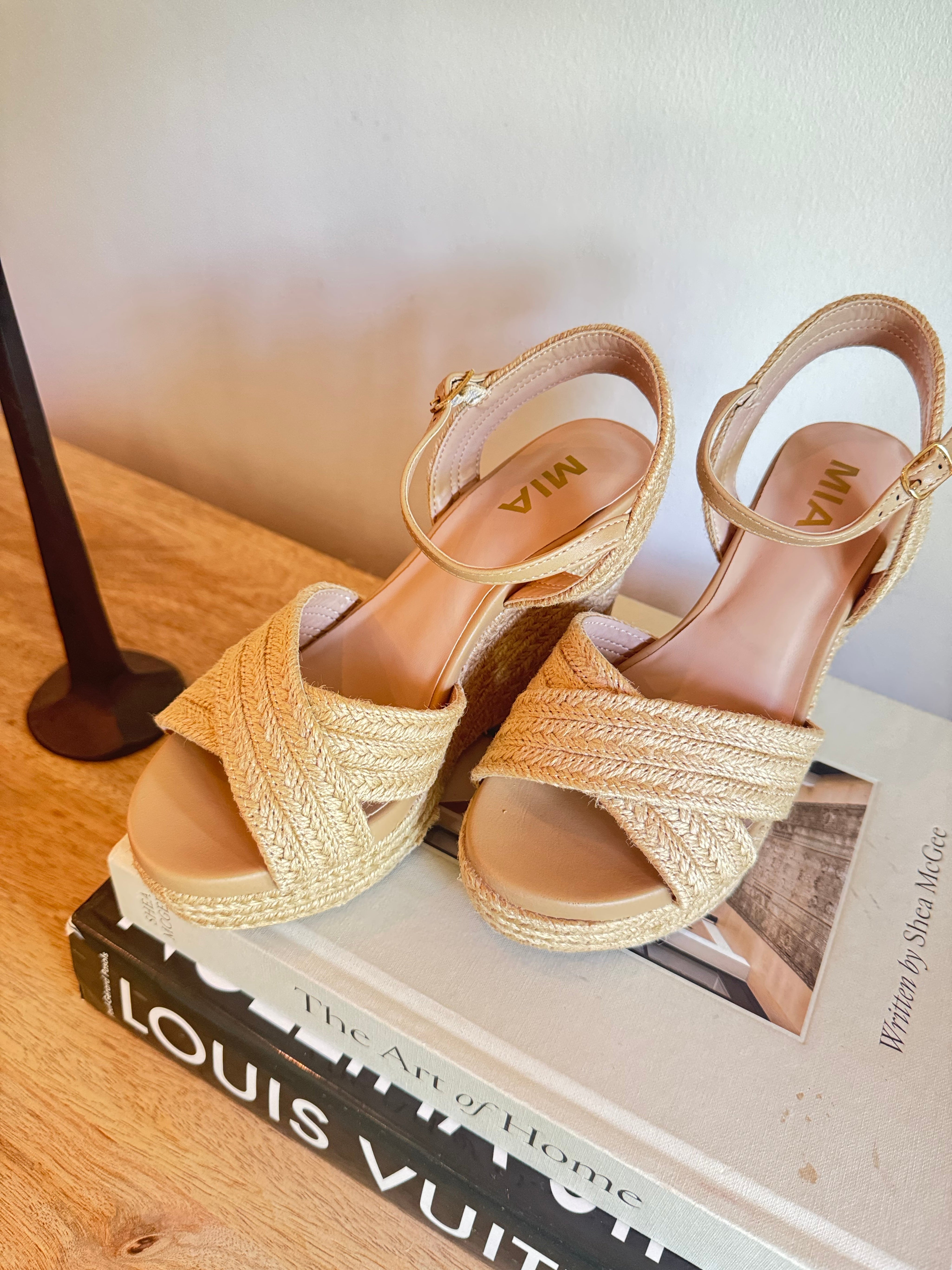 Natural Cross Strap Open To Wedge Mia Heel
