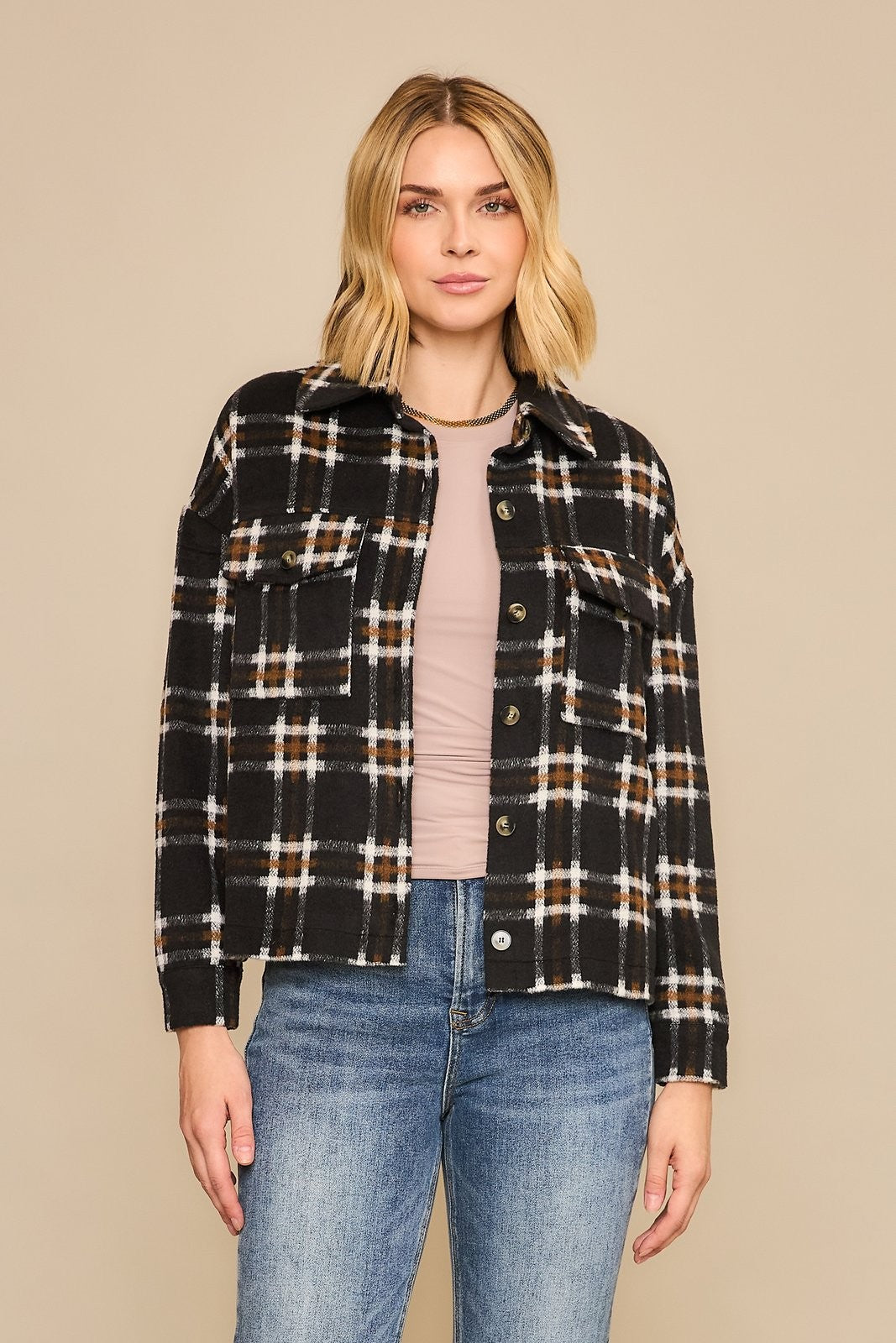 Cozy Co  Plaid Black And White Button Up Shacket