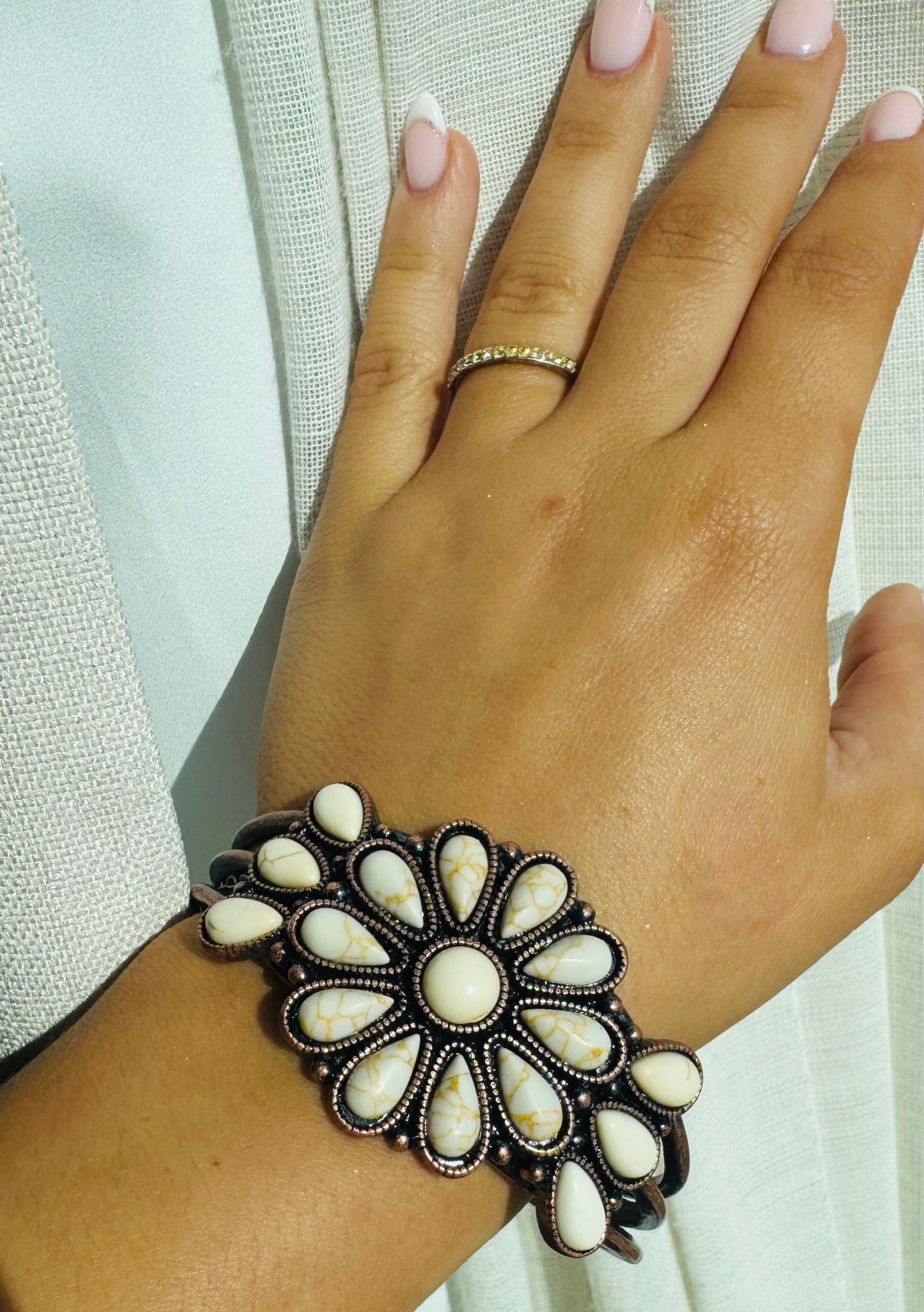 Ivory And Copper Floral Beaded Cuff Bangle