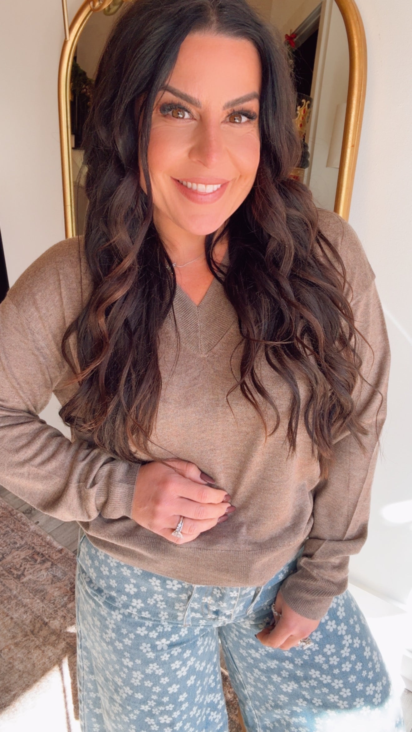 Mocha Lightweight V-neck Long Sleeve Plush Sweater