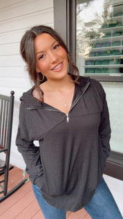 Chic Black Textured Zip Up Hoodie