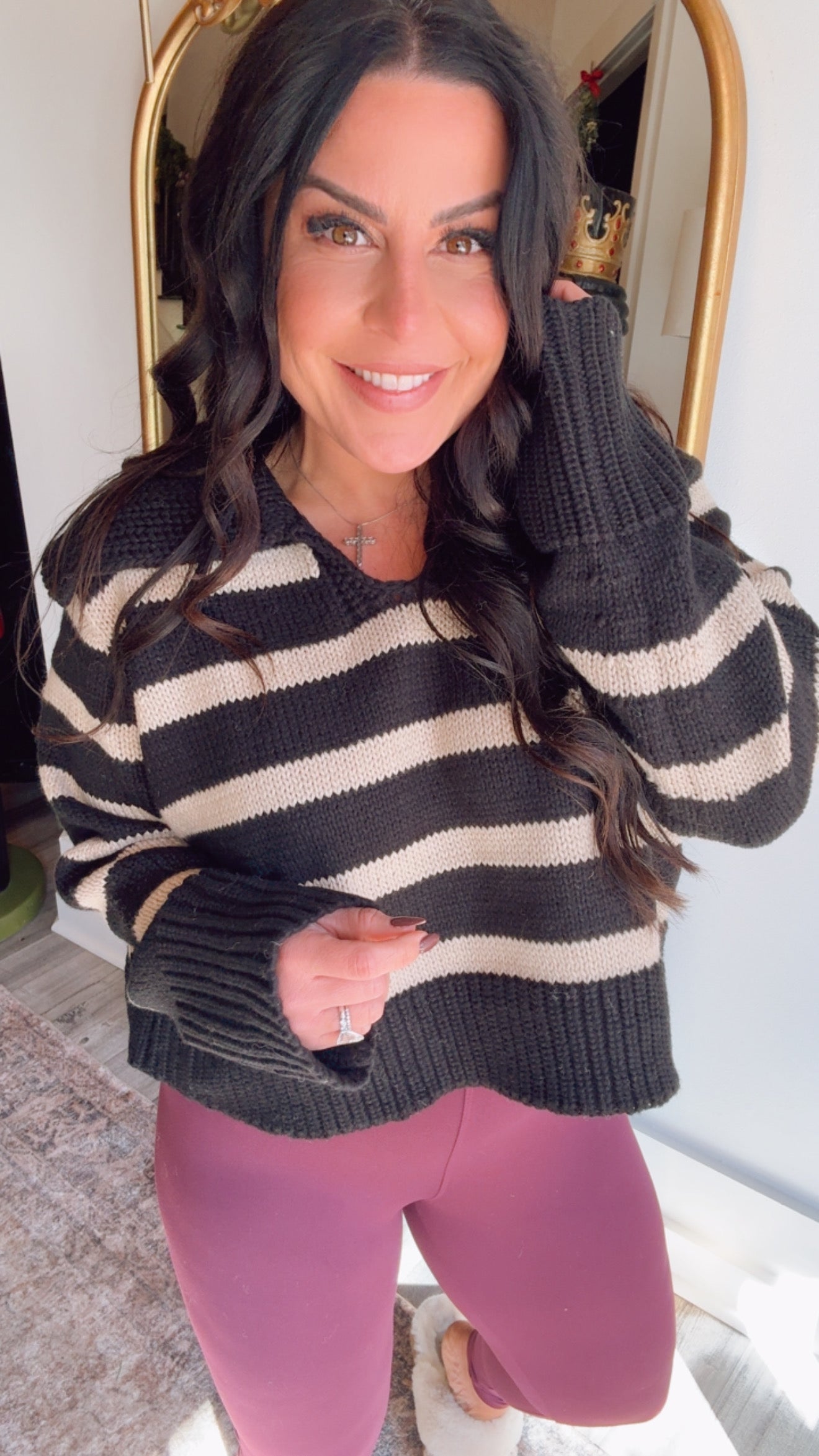 Black and Taupe Striped Collared Knit Wool Sweater
