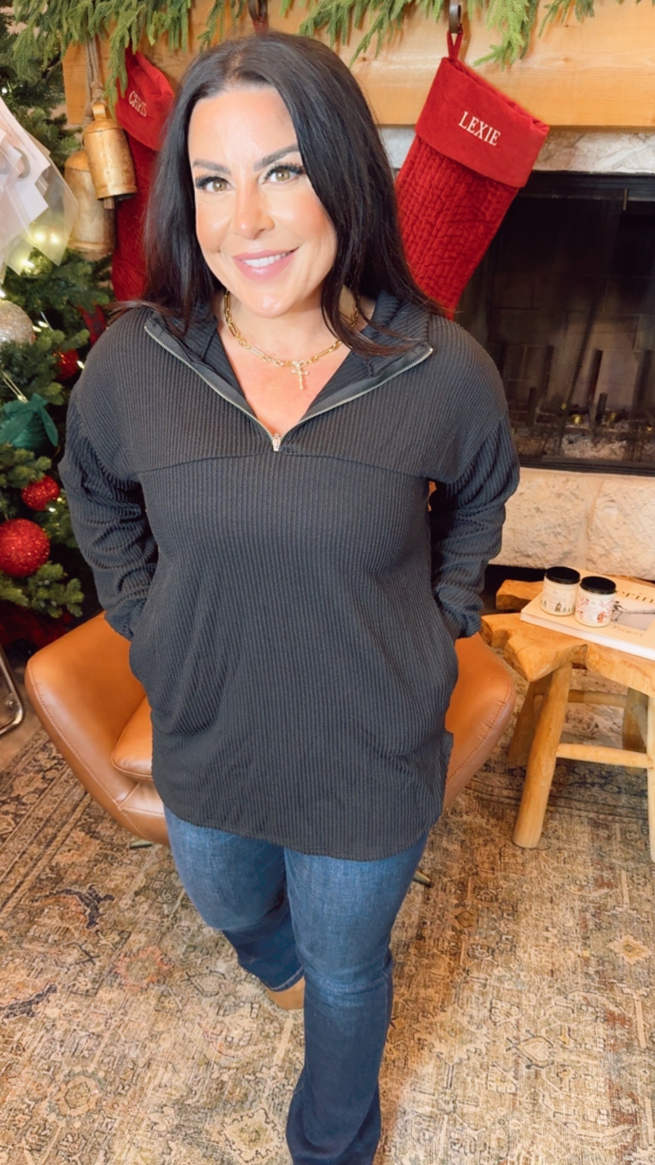 Chic Black Textured Zip Up Hoodie