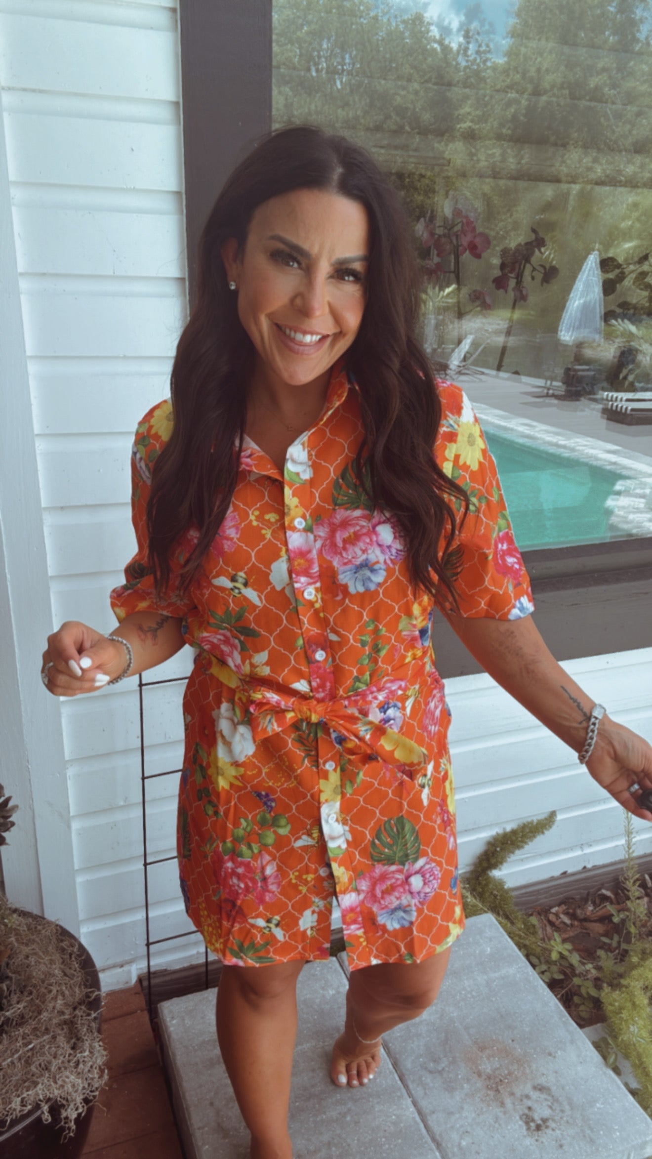 Orange and Floral Button Up Collared Dress