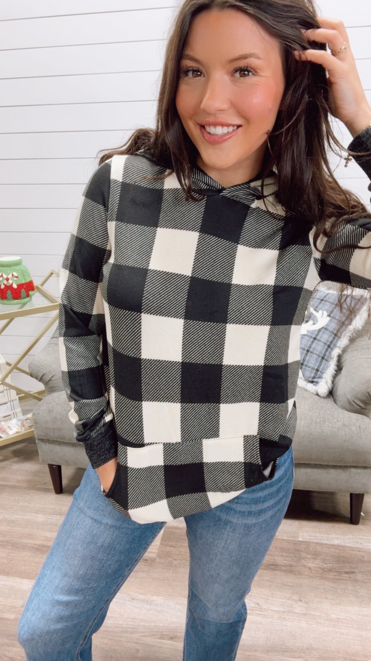 Lightweight Black and White Plaid Hoodie *Final Sale*