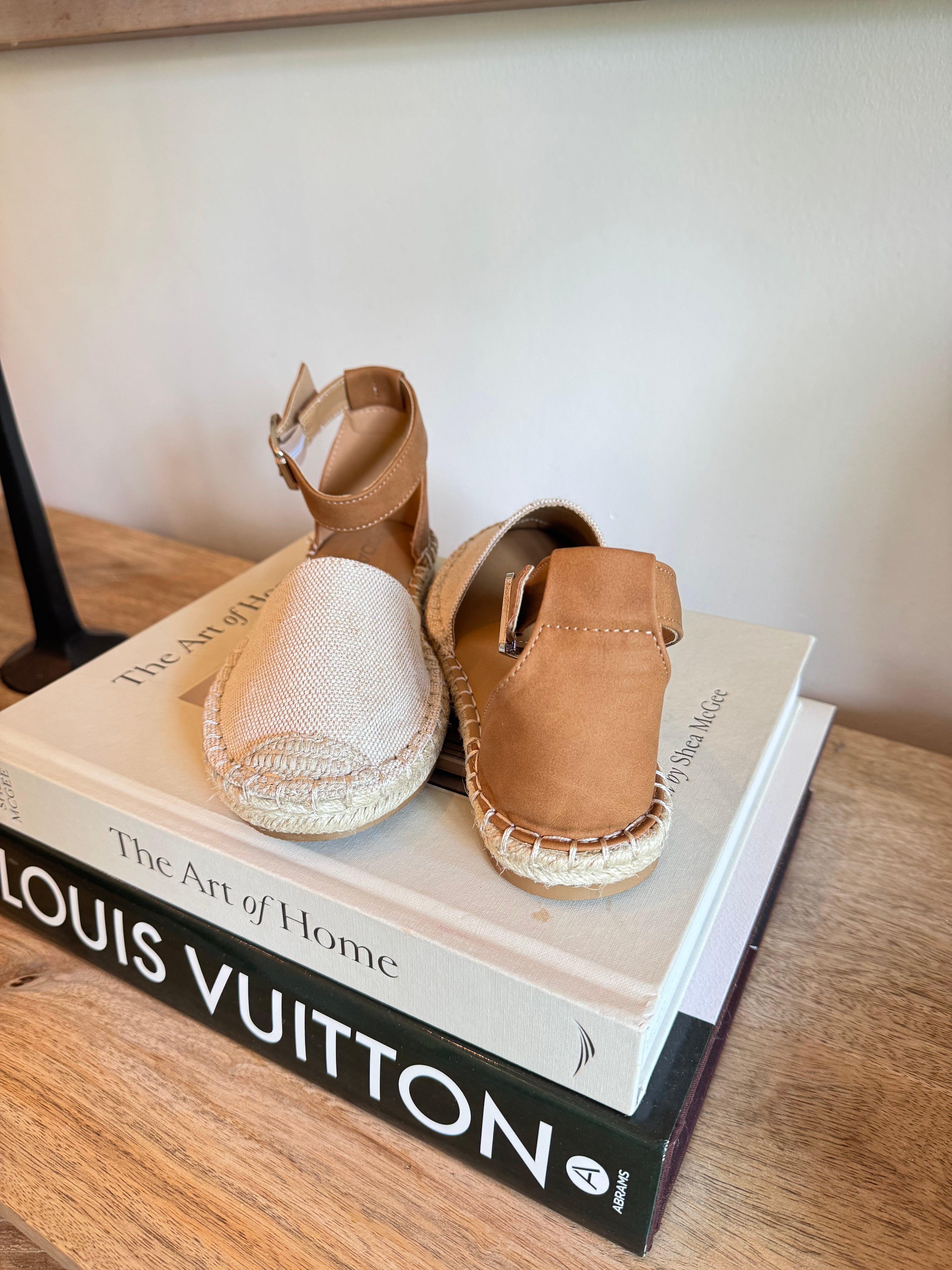 Beige and Cognac Strap Flats