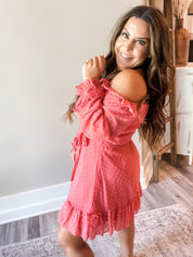 Long Sleeve Off Shoulder Coral Swiss Dot Dress