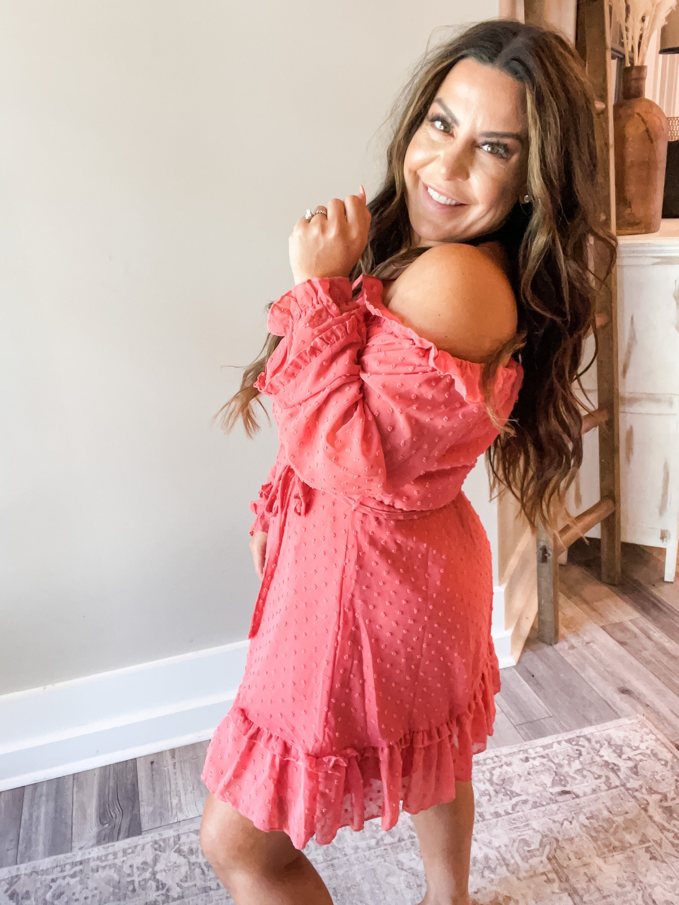 Long Sleeve Off Shoulder Coral Swiss Dot Dress