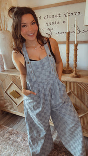 Denim Blue Checkered Wide Leg Jumpsuit