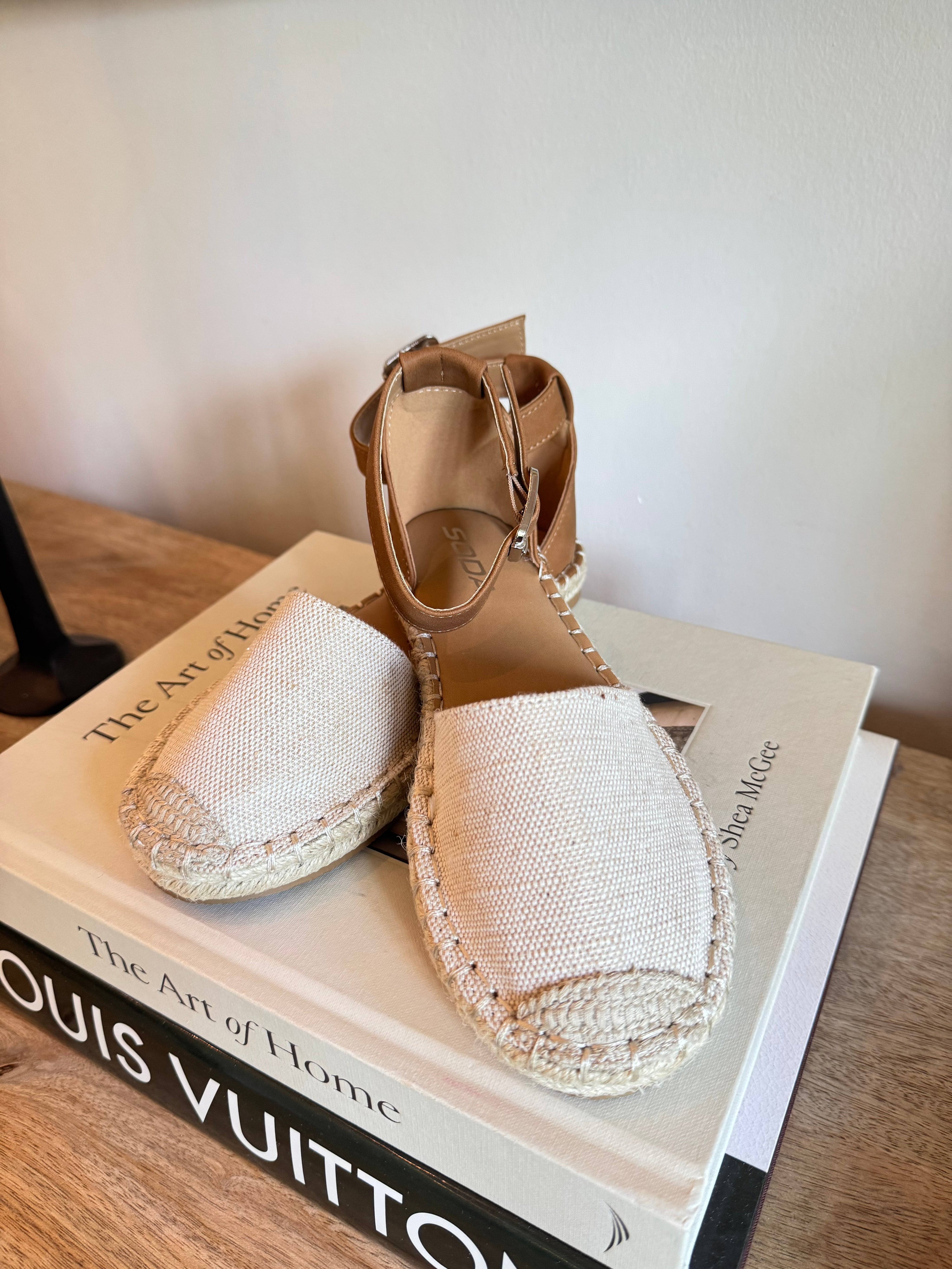 Beige and Cognac Strap Flats