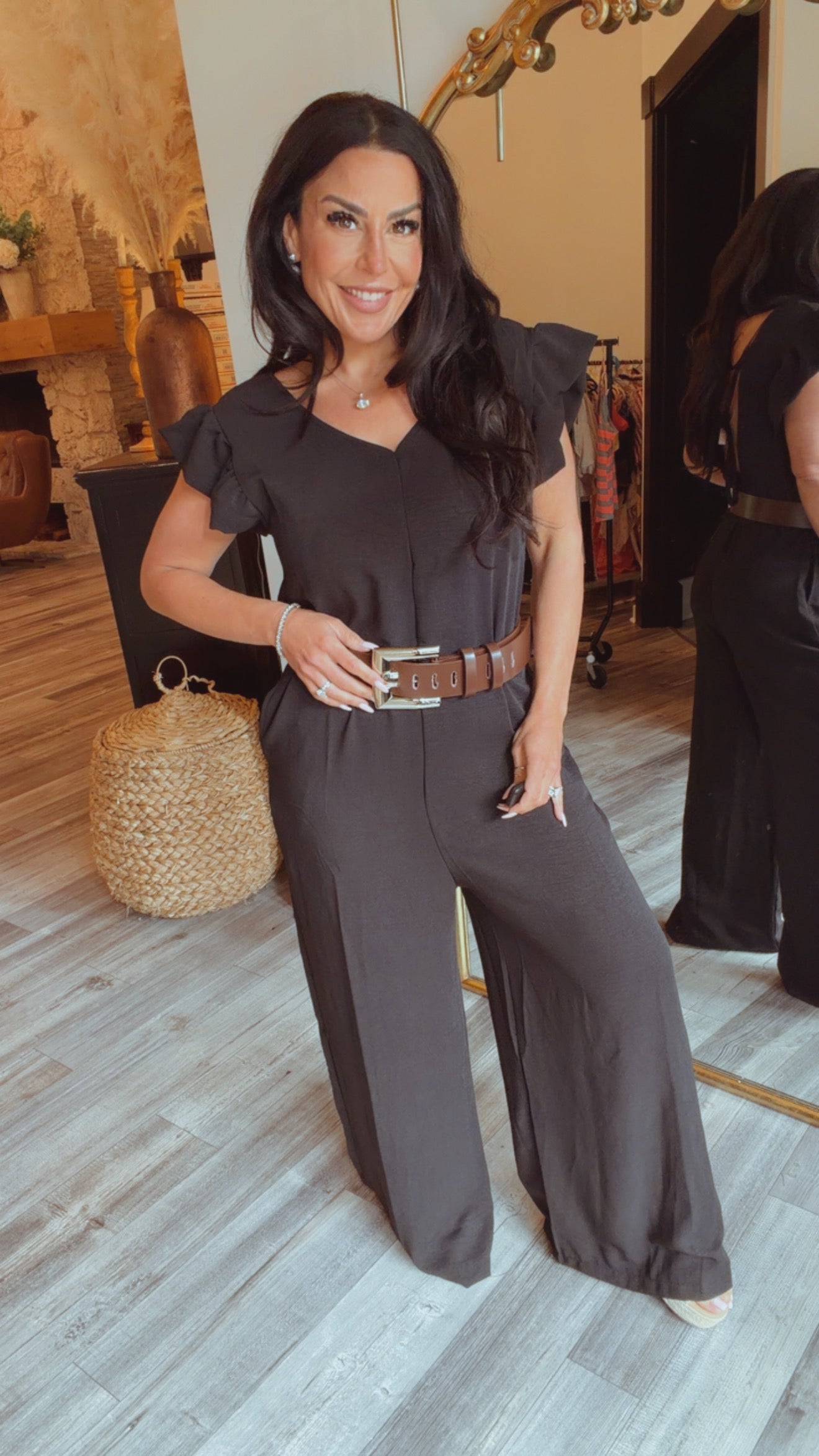 Black Ruffle Sleeve V Cut Jumpsuit