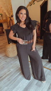 Black Ruffle Sleeve V Cut Jumpsuit