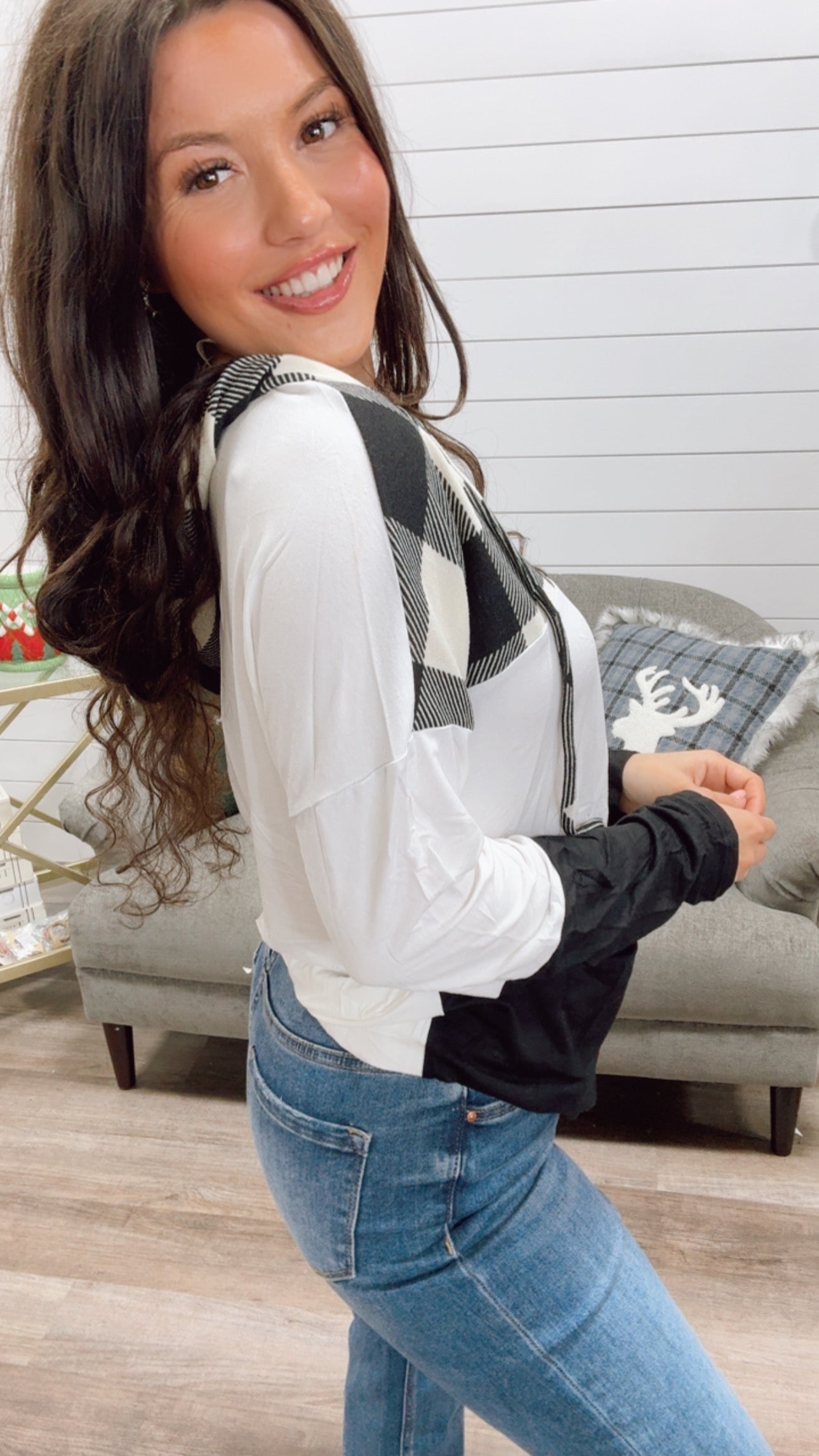 Black and White Color block Plaid Hoodie *Final Sale*