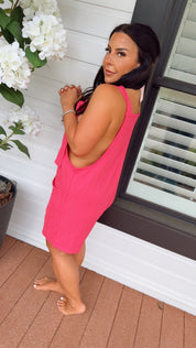 Hott Pink Ribbed Tank Romper With Pockets
