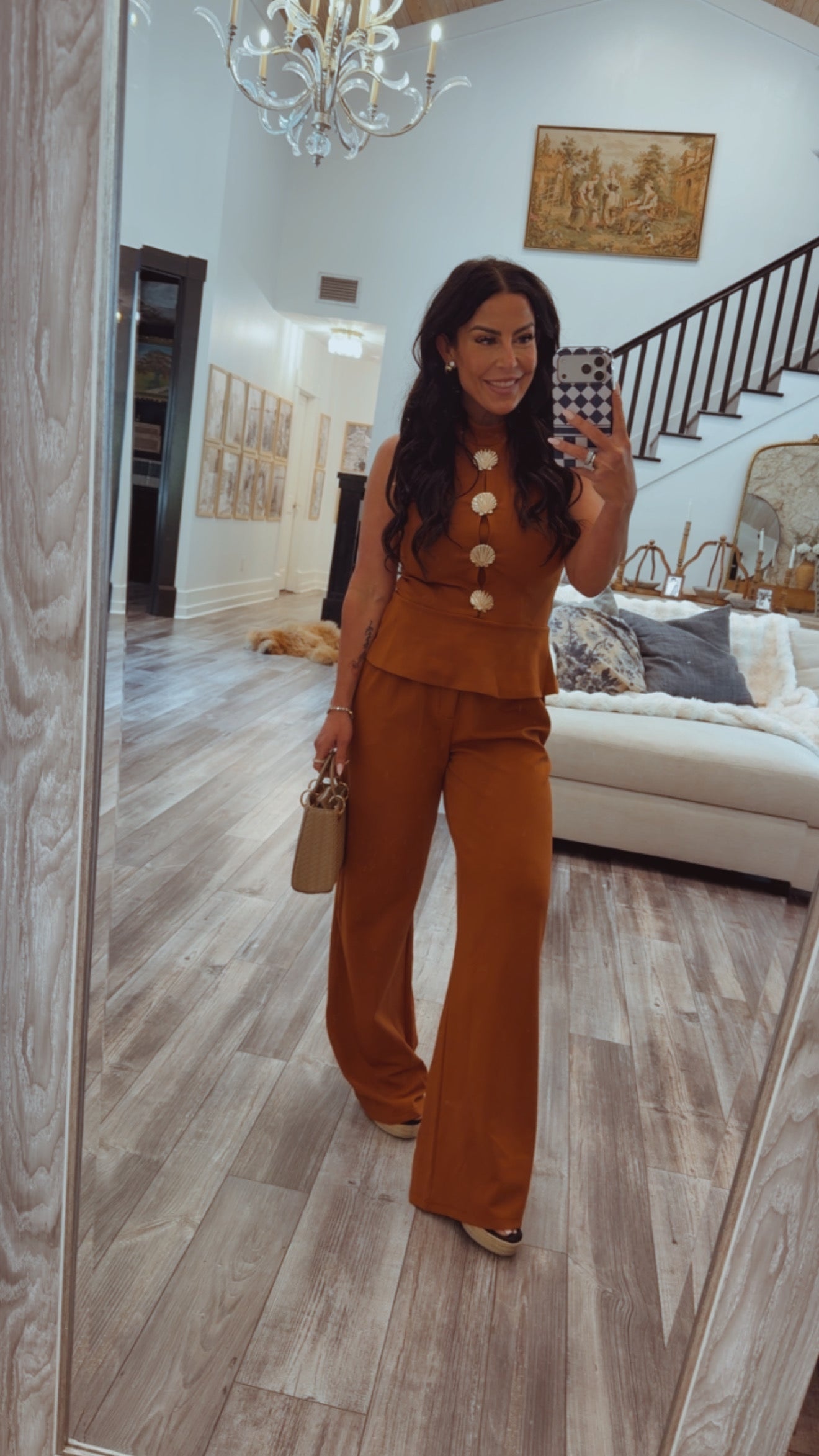 Chic Cognac Gold Accent Peplum Top