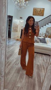 Chic Cognac Gold Accent Peplum Top