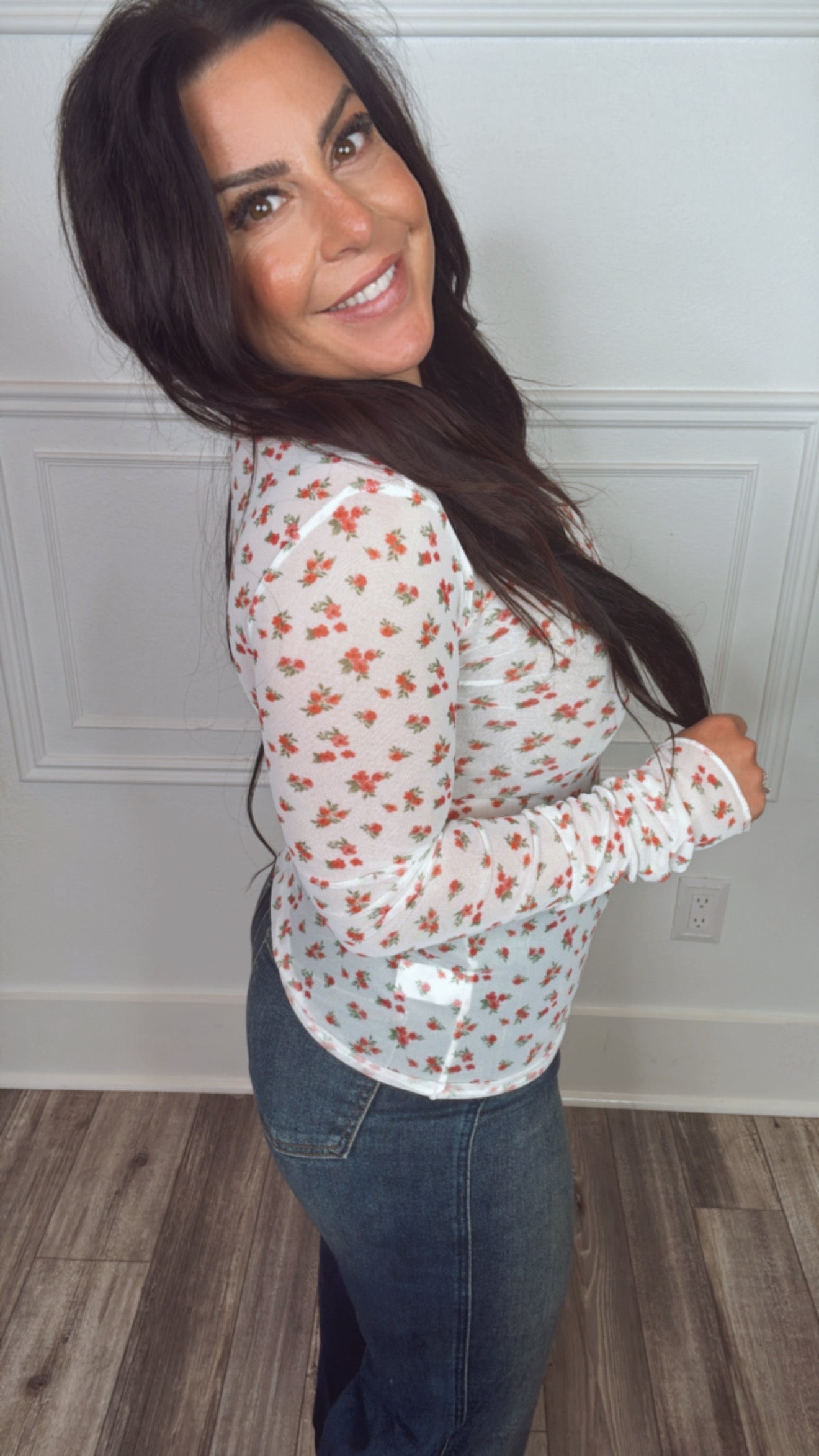 White and Red Floral Mesh Long Sleeve Top