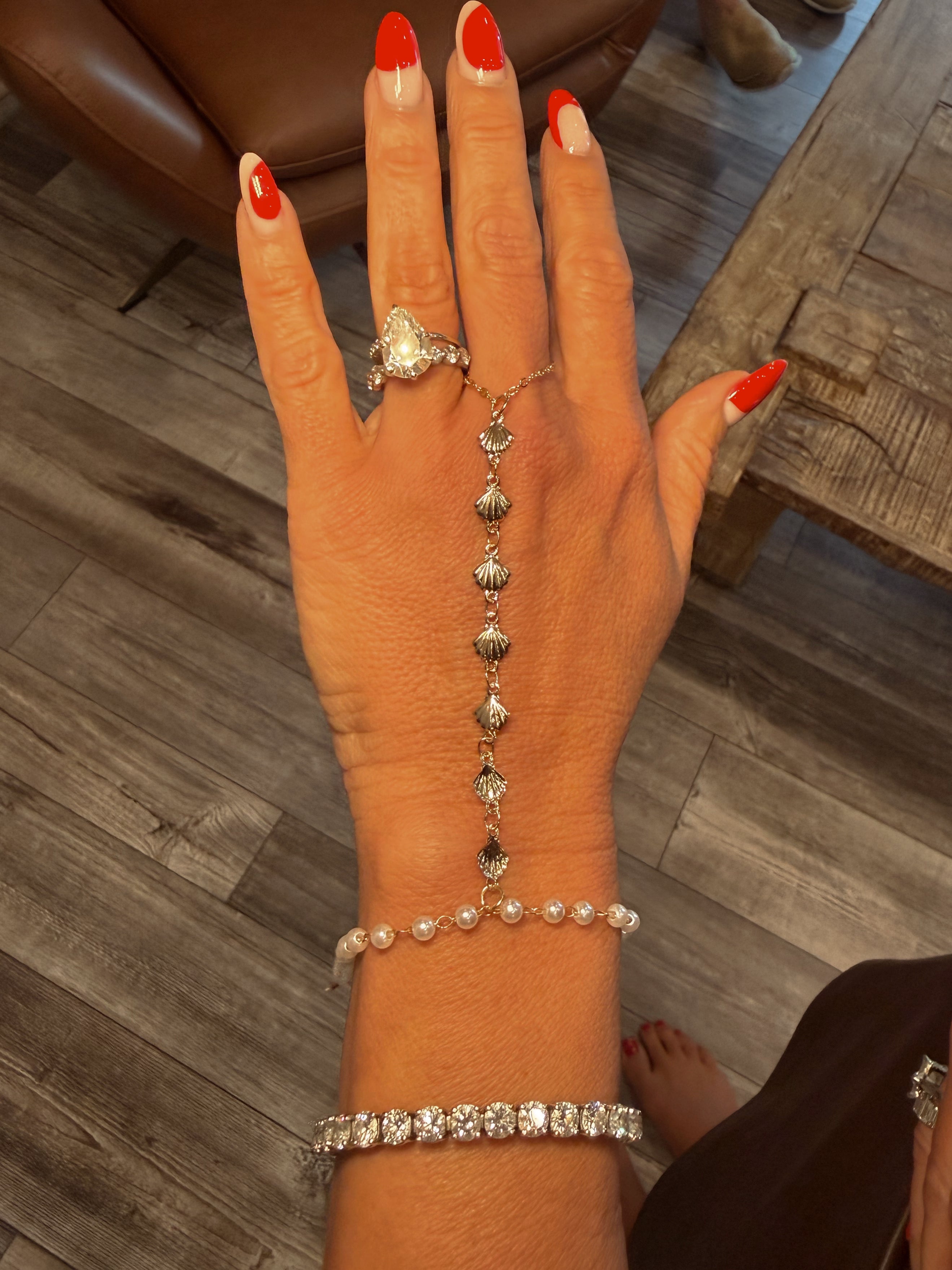 Gold Seashell and Pearl Hand Chain