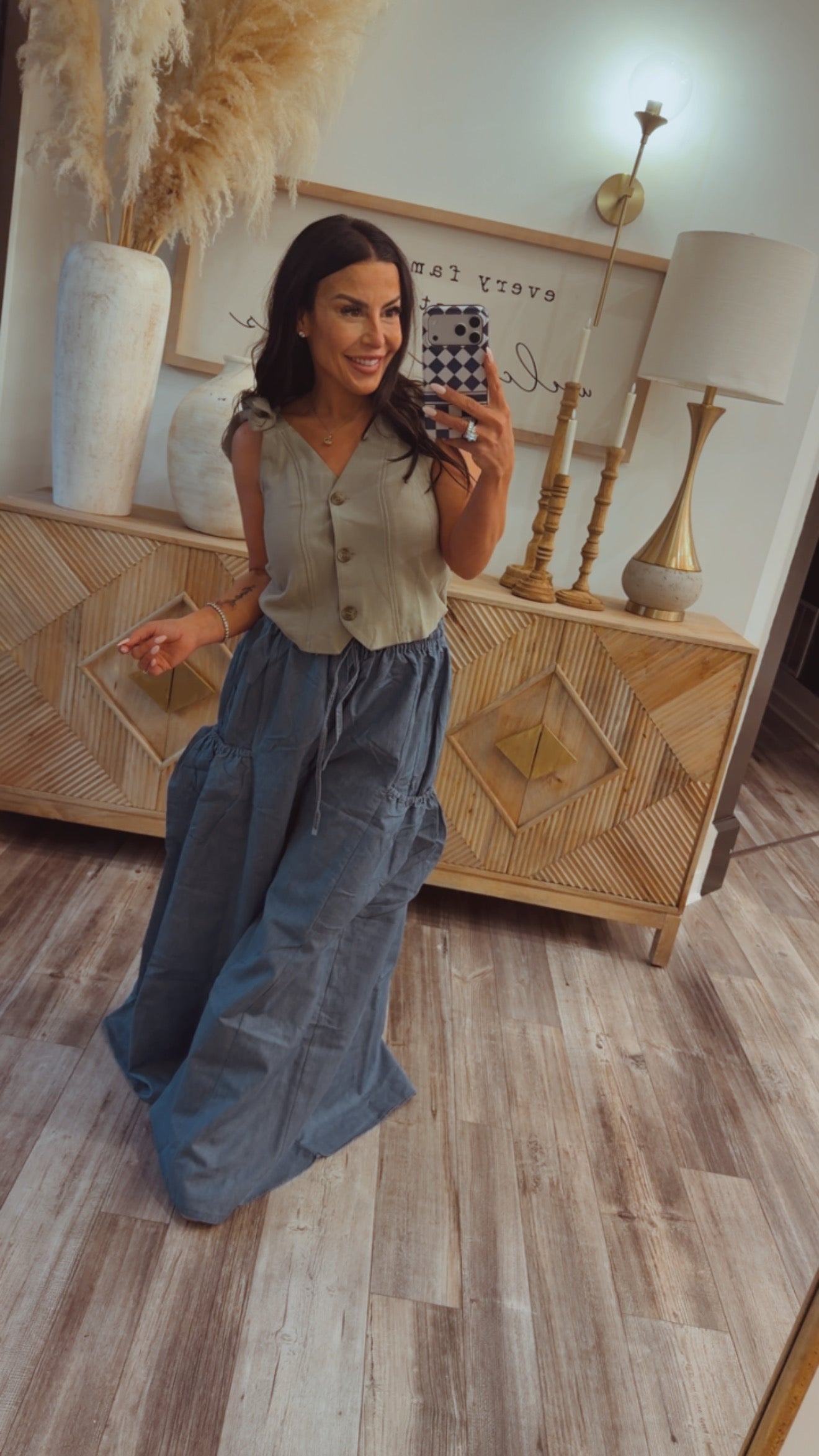 Light Wash Denim Flare Drawstring Pants
