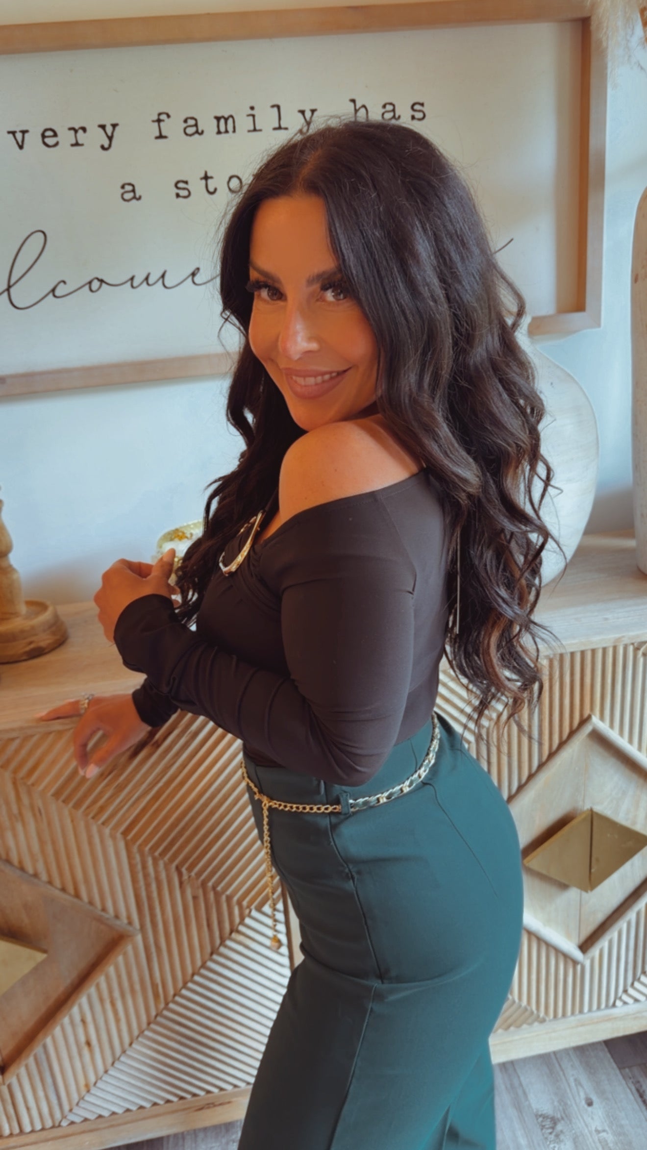 Black and Gold Buckle Long Sleeve Bodysuit