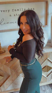 Black and Gold Buckle Long Sleeve Bodysuit