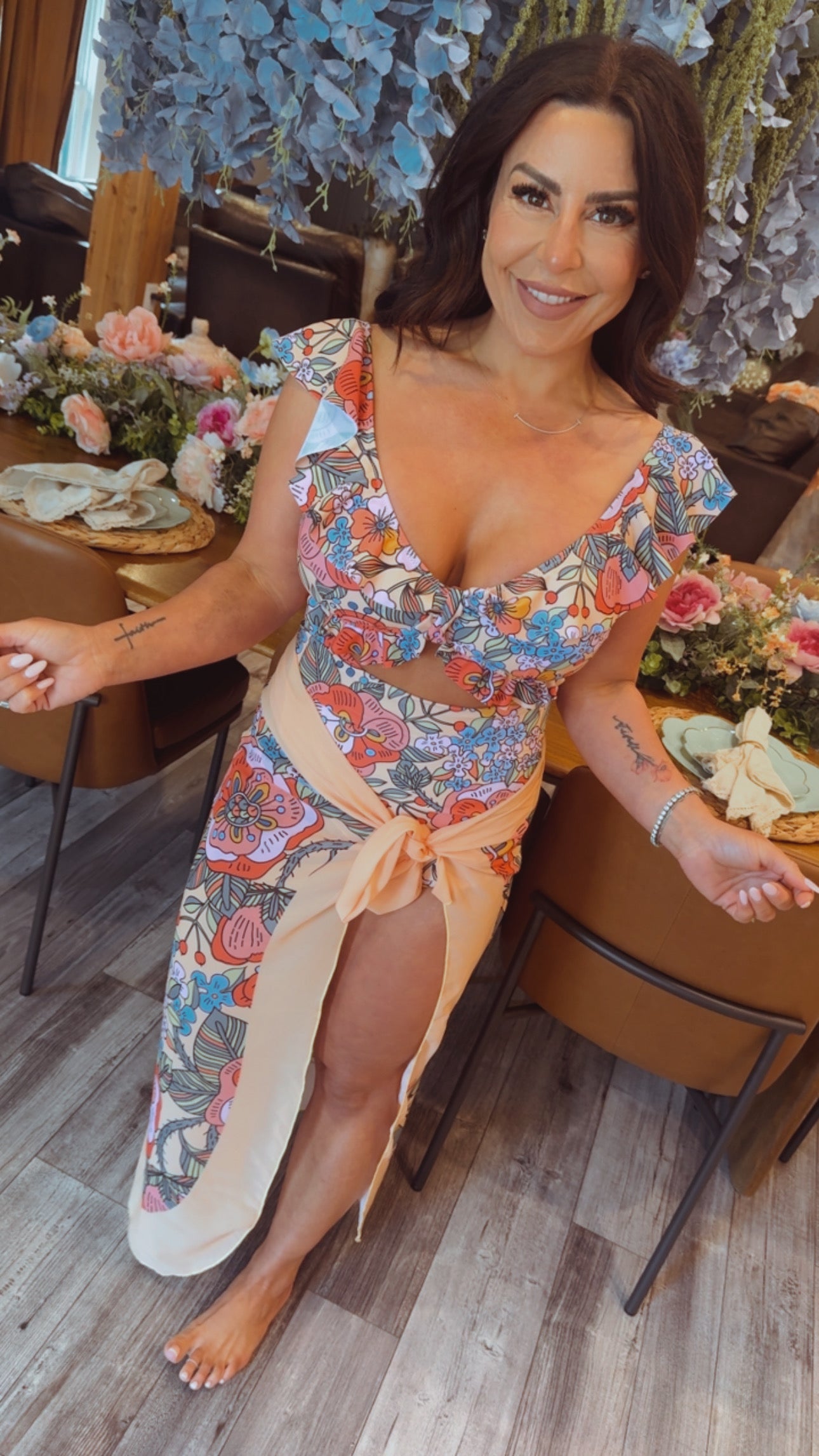 Chic Green and Orange Floral One Piece Bathing Suit And Wrap Set