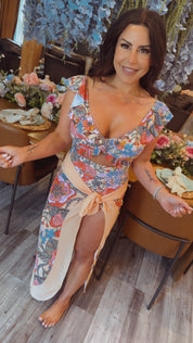 Chic Green and Orange Floral One Piece Bathing Suit And Wrap Set
