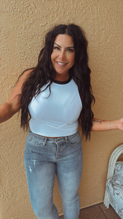 Chic White with Black Piping Ribbed Tank