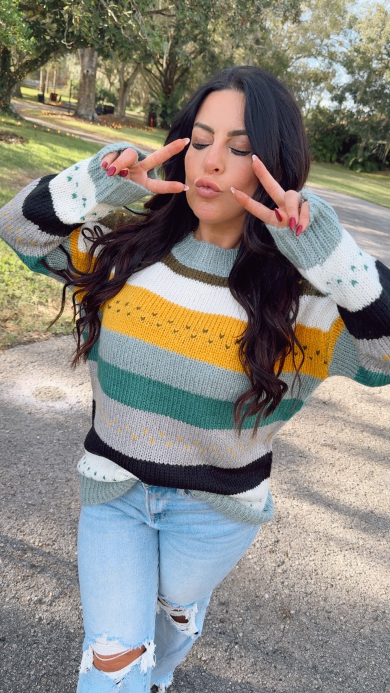 Olive and mUstard Striped Heart Knit Sweater