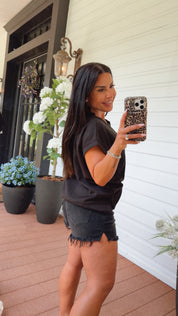 Mica Denim Black Fray Hem High Rise Shorts