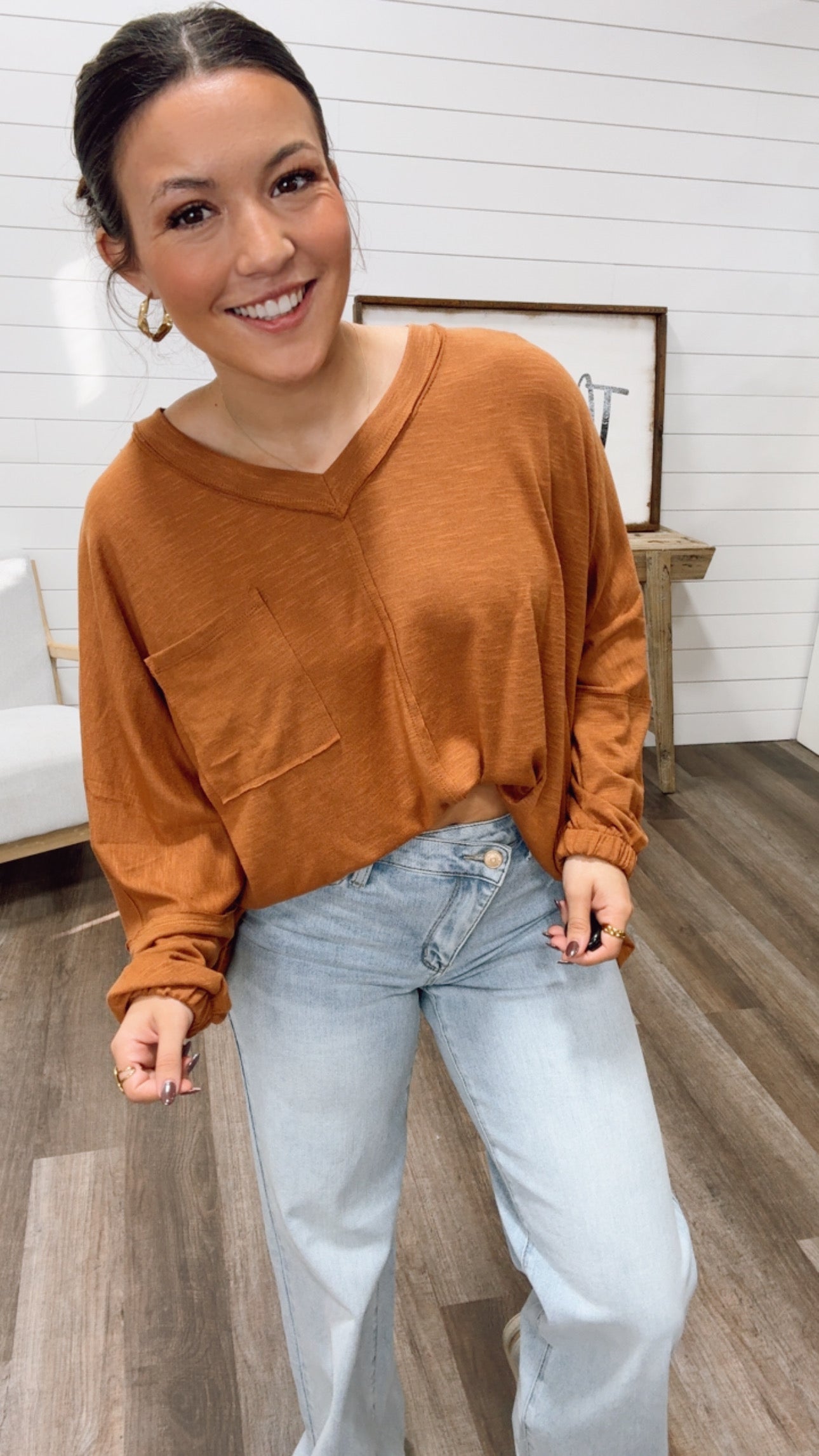 Brown Long Sleeve Pocket Top