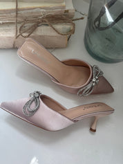 Nude Silk and Crystal Bow Heels