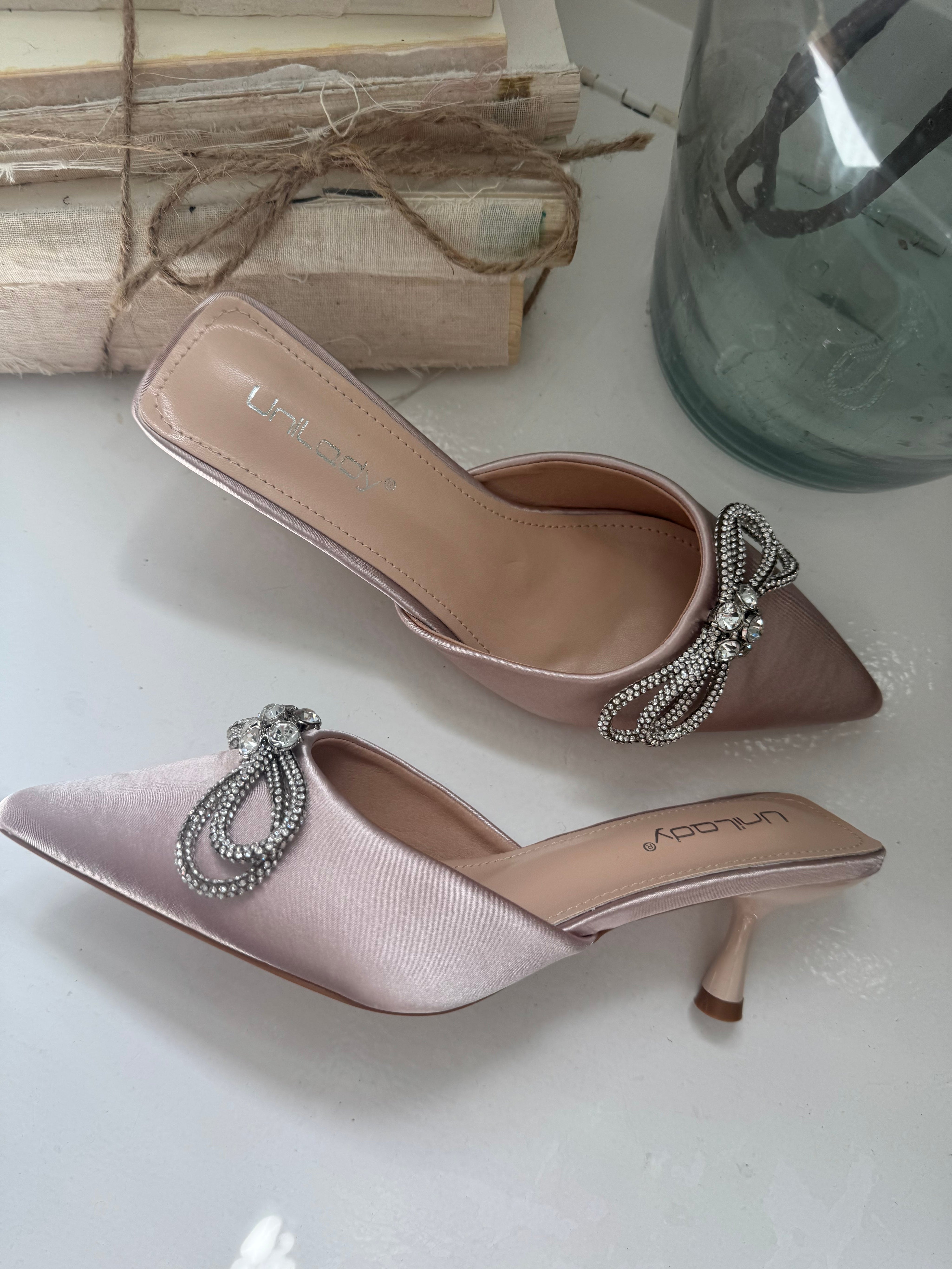 Nude Silk and Crystal Bow Heels