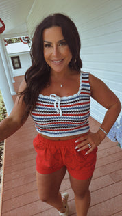 Red White and blue Knit Bow Tie Front Tank